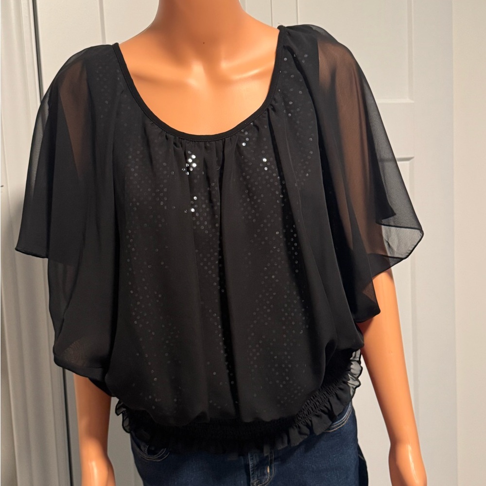 Blu Sage Black Sheer Blouse with Sequins